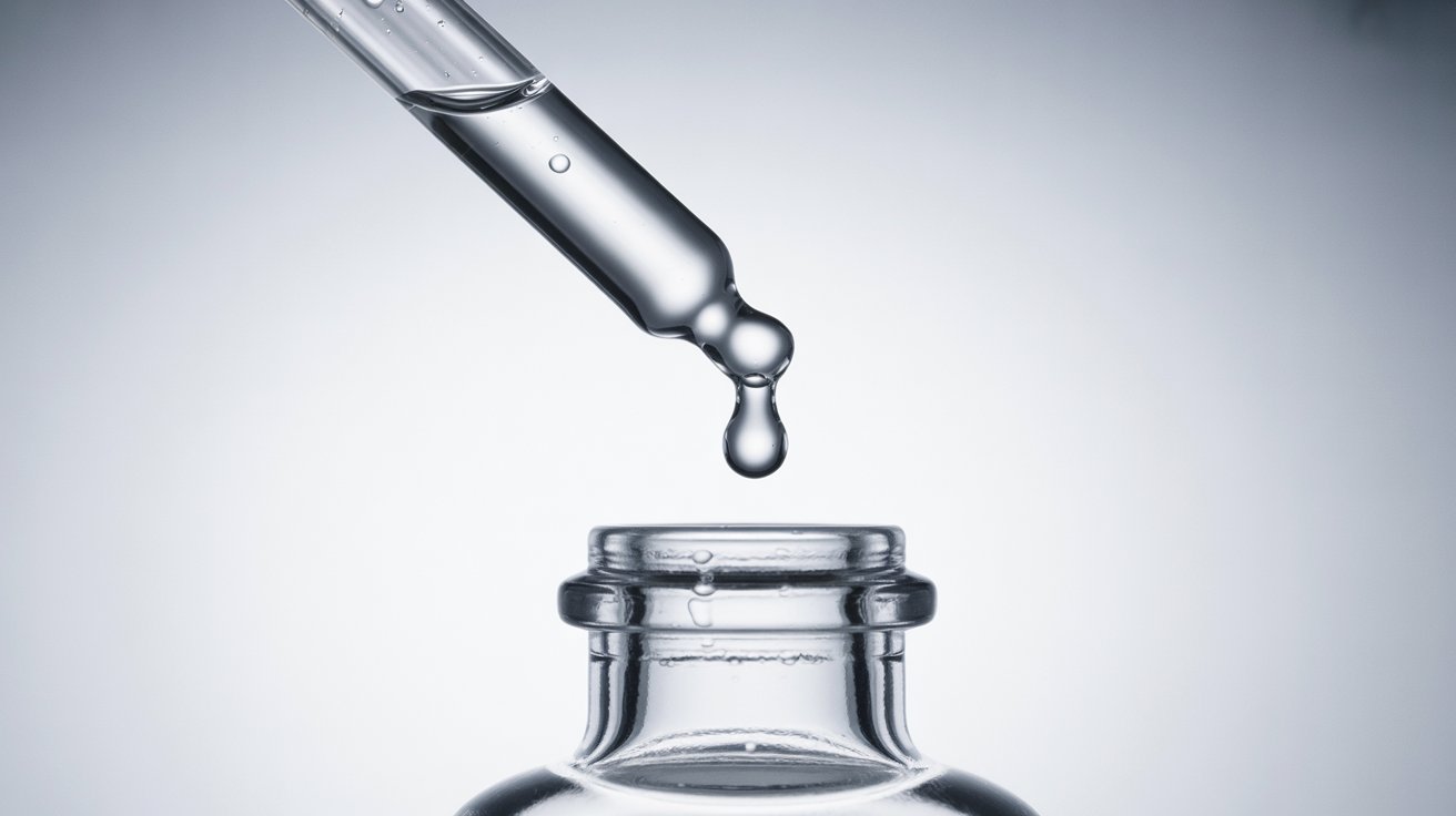A glass dropper releasing a single droplet into a clear, open bottle against a gradient background. The scene conveys precision and purity.