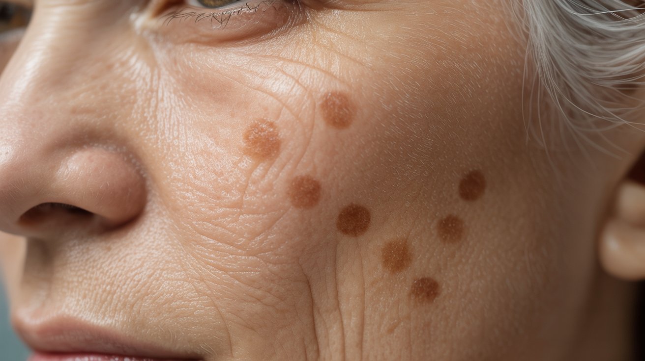 Close-up of an older person's cheek with multiple brown age spots and wrinkles. The skin appears textured, conveying a sense of aging and maturity.