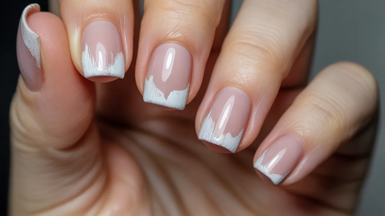 Close-up of a hand with nails in a soft pink shade and white, jagged French tips. The polished look conveys elegance and modern style.