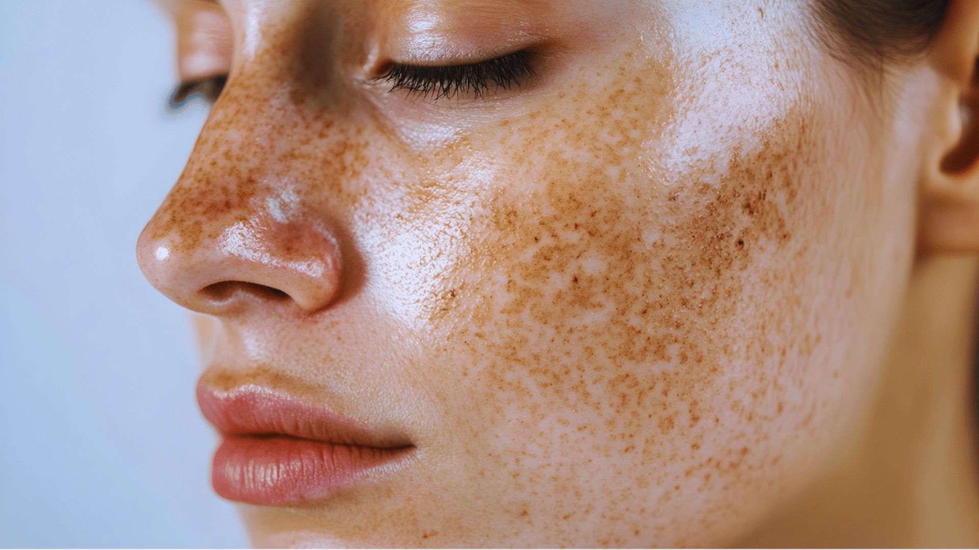 Close-up of a serene face with eyes closed, showing smooth skin with numerous brown freckles under soft lighting. The tone conveys calm and natural beauty.
