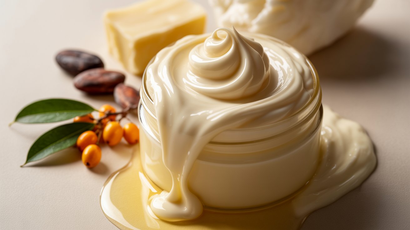 A jar of creamy body butter with a swirl on top, surrounded by cocoa beans, sea berries, and leaves. The scene conveys a rich, natural skincare vibe.