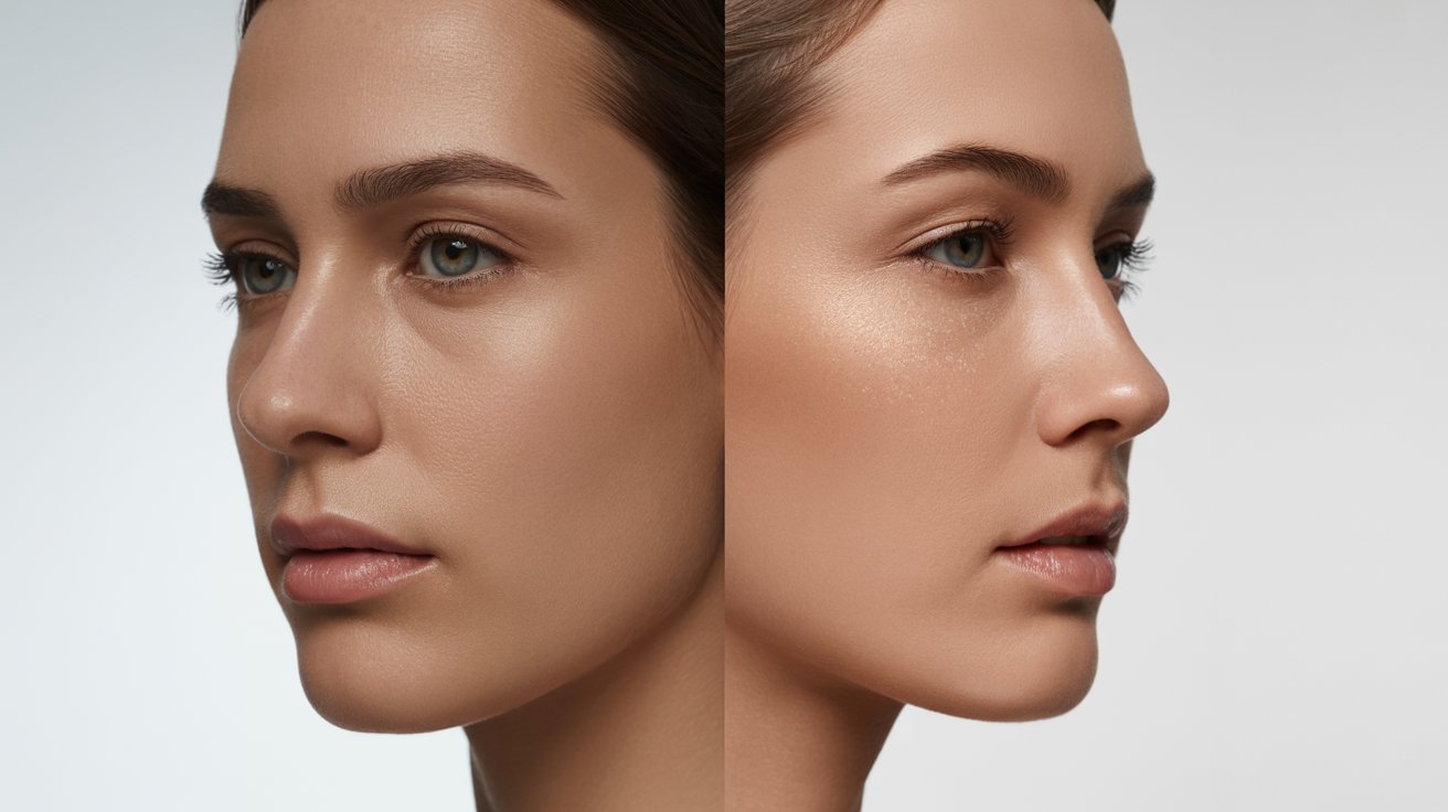 Two side profiles of a woman's face show a skincare transformation. Left: Natural, matte complexion. Right: Radiant glow with highlighted cheekbones.
