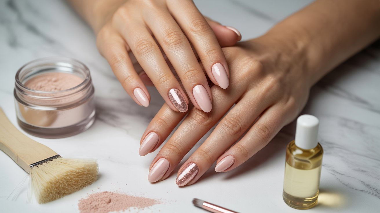 Two manicured hands with pink and glitter nails rest on a marble surface. Nearby are a makeup brush, nail powder, and a small bottle of oil.