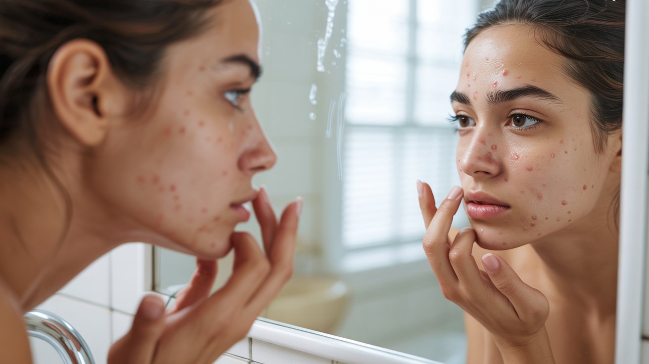 A woman examines her acne in a bathroom mirror with a thoughtful expression, highlighting skin concerns. Soft lighting and a blurred window background convey a calm atmosphere.