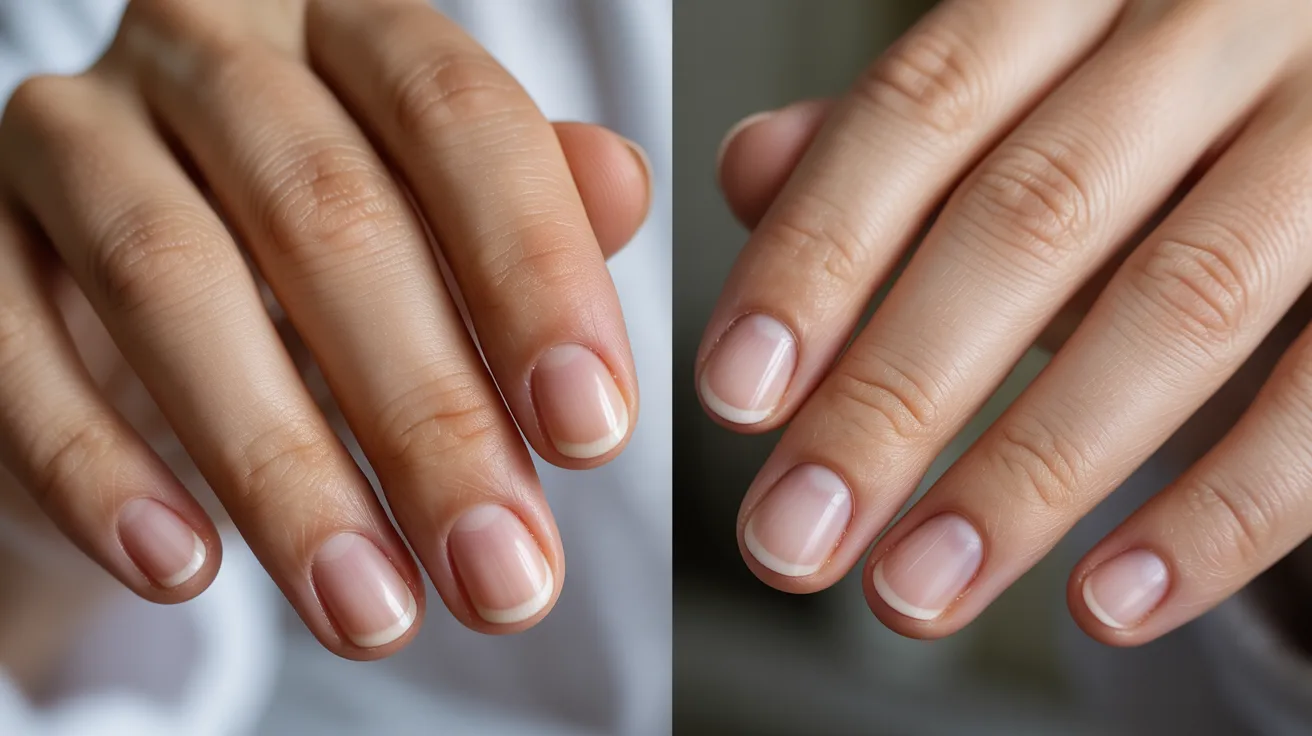 Close-up of two hands with neatly manicured nails, showing natural, clean nails with clear polish. The hands are relaxed, conveying a sense of care and elegance.
