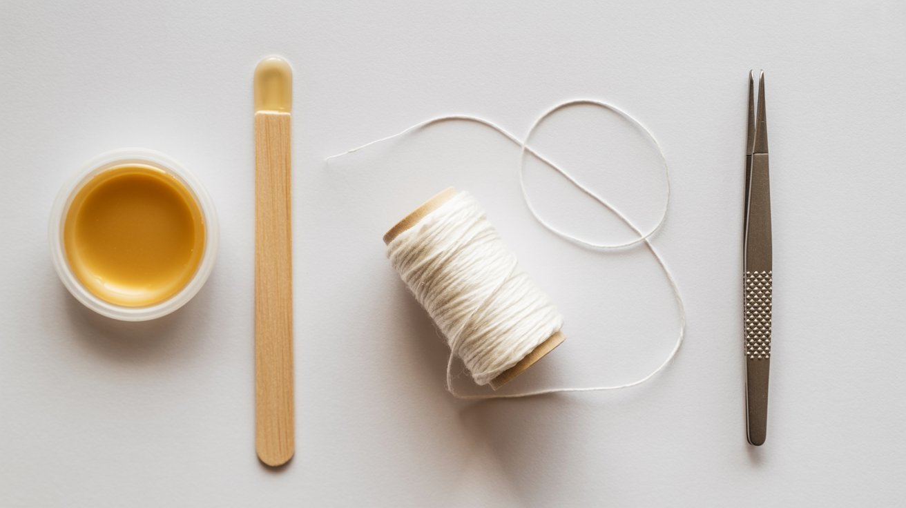 A flat lay image of beauty tools on a white surface, featuring a yellow wax jar, wooden spatula, spool of white thread, and metal tweezers.