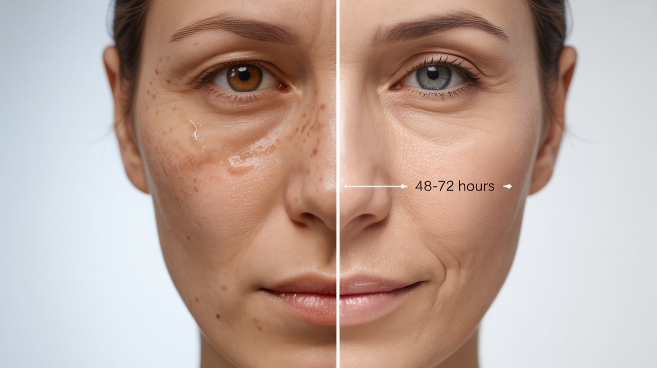 A split-face image showing a before-and-after effect: the left side with darker, freckled skin, and the right side with smoother, brighter skin, labeled "48-72 hours."