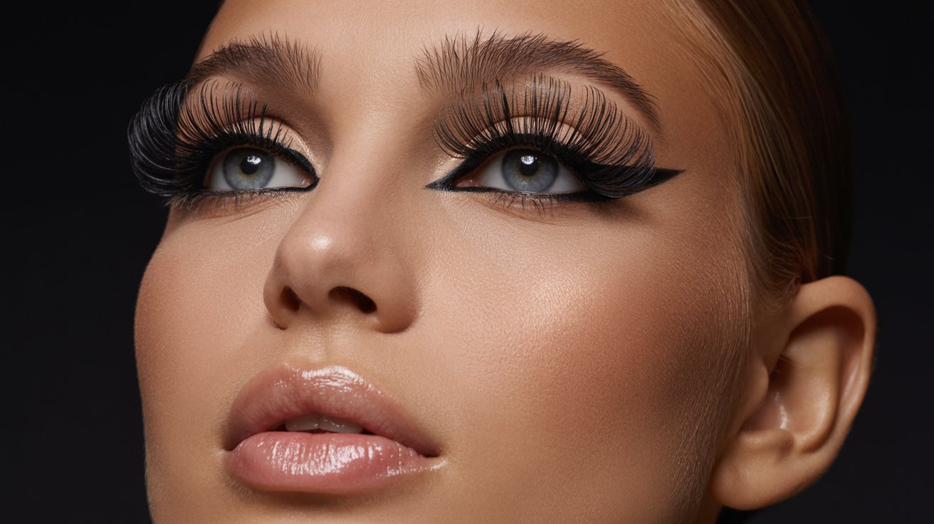 Close-up of a woman with dramatic makeup; voluminous false lashes, bold black eyeliner, glossy lips, and smooth skin. The expression is serene and confident.