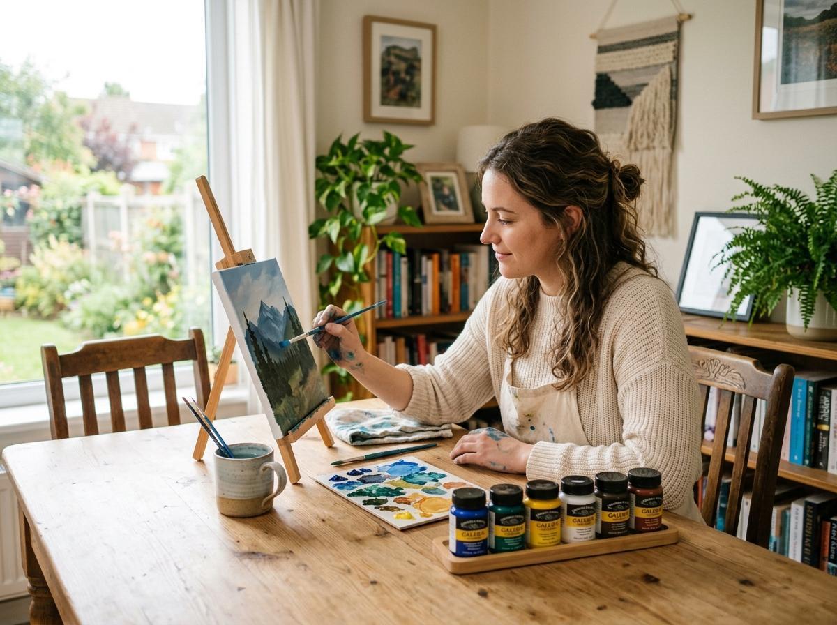 A woman seated at a table, surrounded by paints and a canvas, focused on her painting.