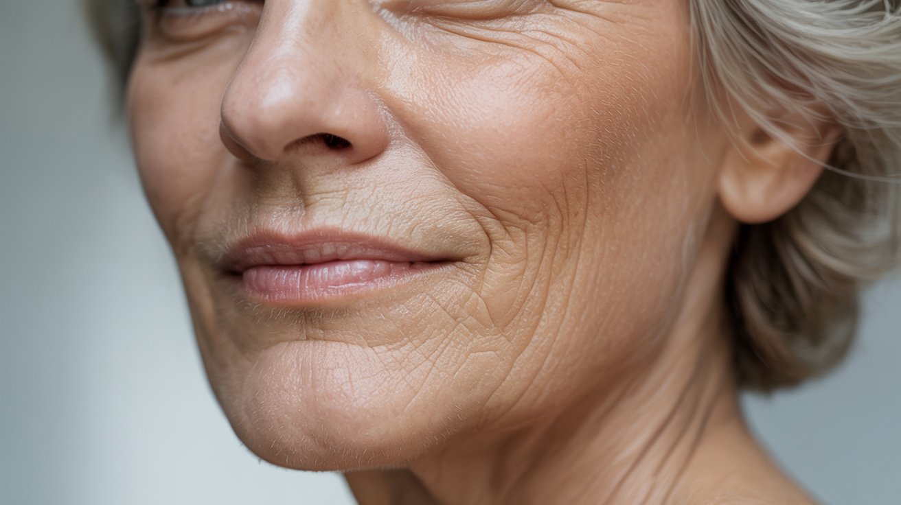 Close-up of an older woman’s face, showing detailed wrinkles and a gentle smile. Her expression is serene, and her skin has a natural, textured appearance.