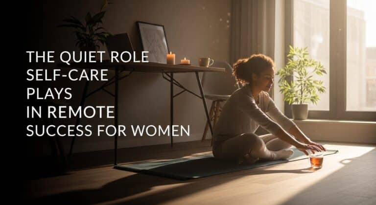 Image illustrating the importance of self-care in achieving remote success for women, featuring serene elements and a calm atmosphere.