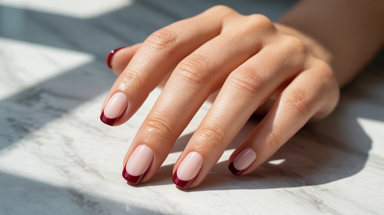 A hand rests on a marble surface, showcasing an elegant manicure with dark red French tips on natural nails. Sunlight casts soft shadows, creating a serene atmosphere.