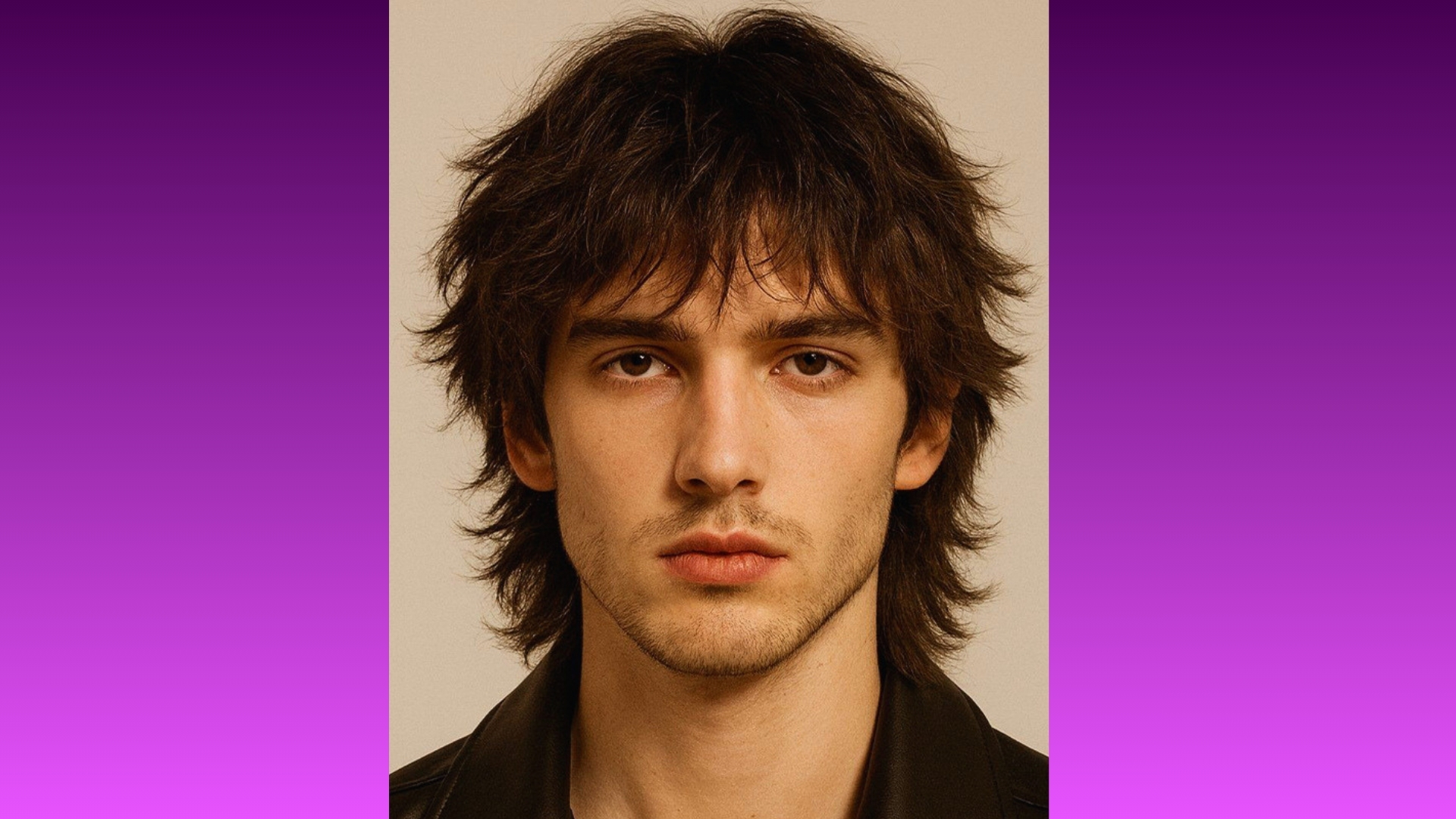 Young man with shoulder-length, tousled dark hair, gazes seriously at the camera against a purple gradient background, conveying a moody tone.
