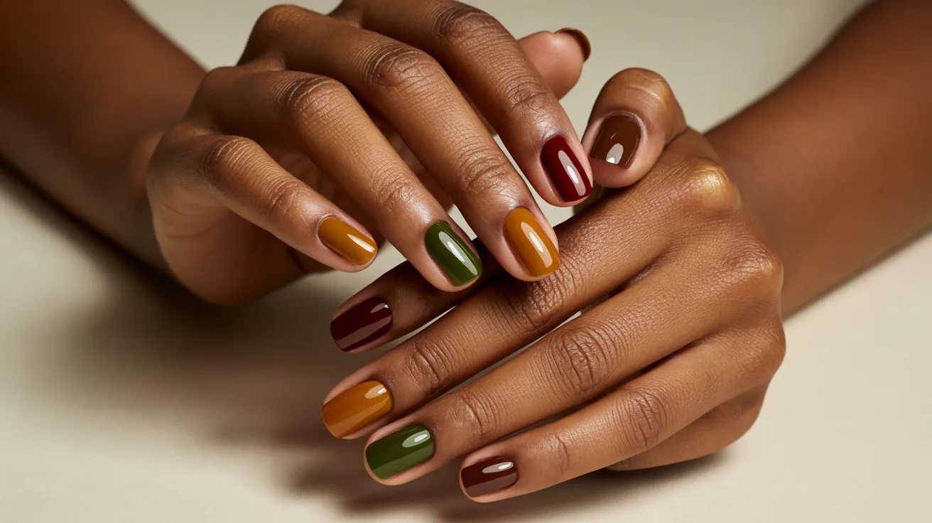 Two hands with fall-themed nail polish rest on a neutral surface. Each nail is painted in earthy tones: mustard yellow, forest green, and deep burgundy.