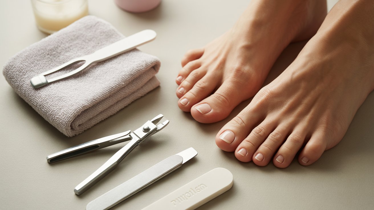 Close-up of well-groomed feet on a towel, surrounded by pedicure tools: nail clippers, cuticle pusher, and files. There’s a calm and tidy ambiance.