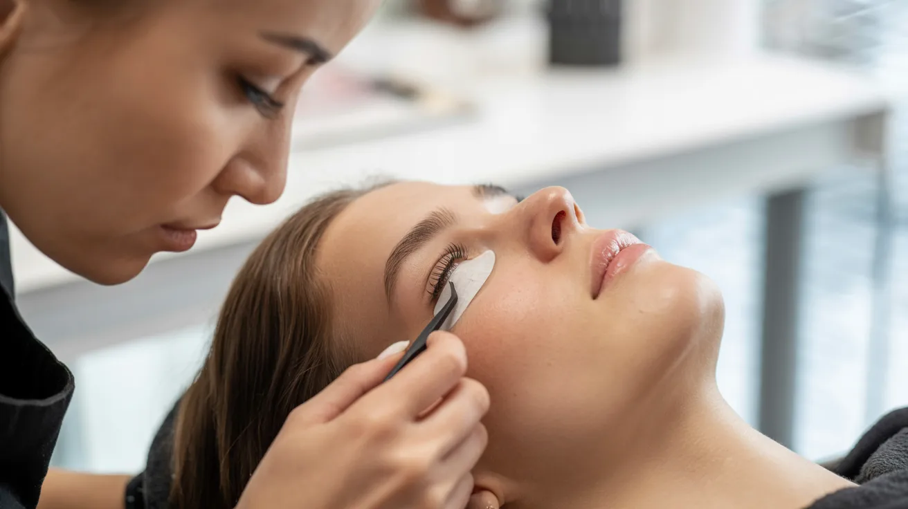 A beautician carefully applies an eyelash extension to a young woman lying on a spa table, conveying a calm and focused atmosphere in a well-lit salon.
