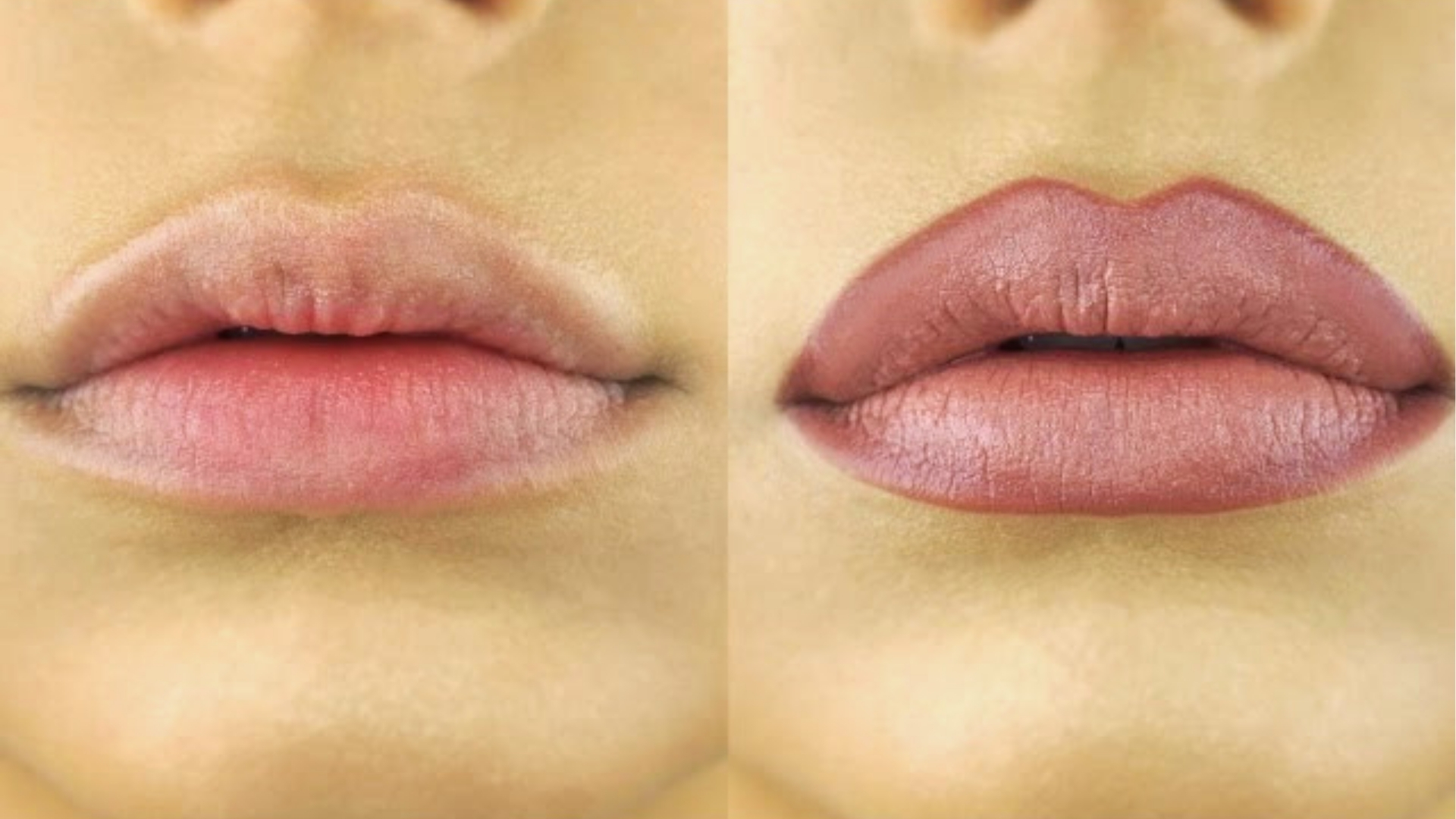 Side-by-side images of lips before and after makeup. Left: natural, pale lips. Right: enhanced with pink lipstick, defined, and smooth.