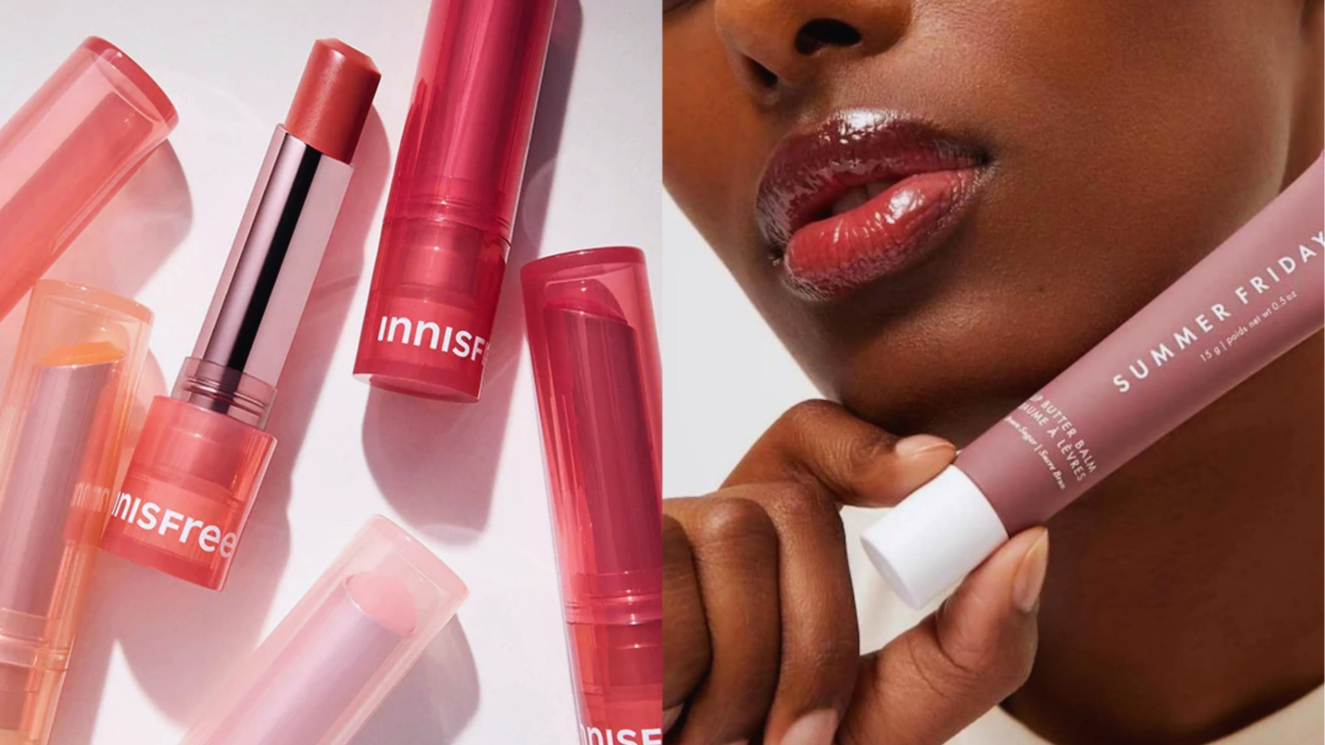 Collection of Innisfree lipsticks in pink shades on the left and a person holding a tube of Summer Fridays lip balm near glossy lips on the right.