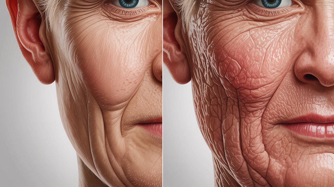 Split-screen image of an elderly woman's face. The left side shows smooth, youthful skin, while the right side displays deep wrinkles, highlighting aging effects.