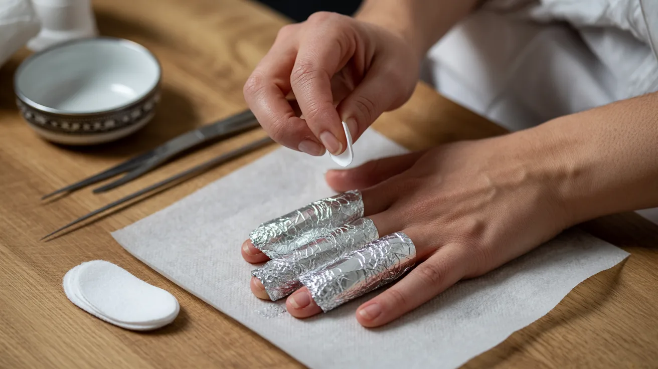 Person's hand with foil-wrapped fingertips rests on a table for nail treatment. Nearby are cotton pads, tweezers, and a small bowl, creating a serene at-home spa vibe.