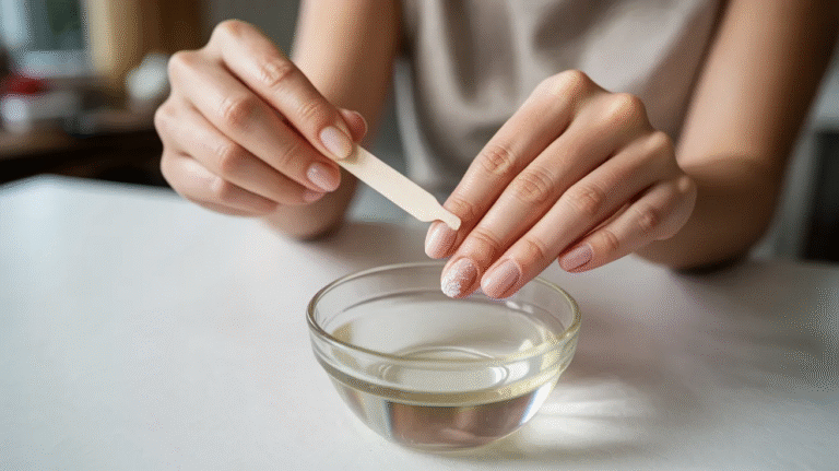 A person's hands using a wooden cuticle stick to push back cuticles over a small glass bowl of water. The setting is calm, suggesting self-care.