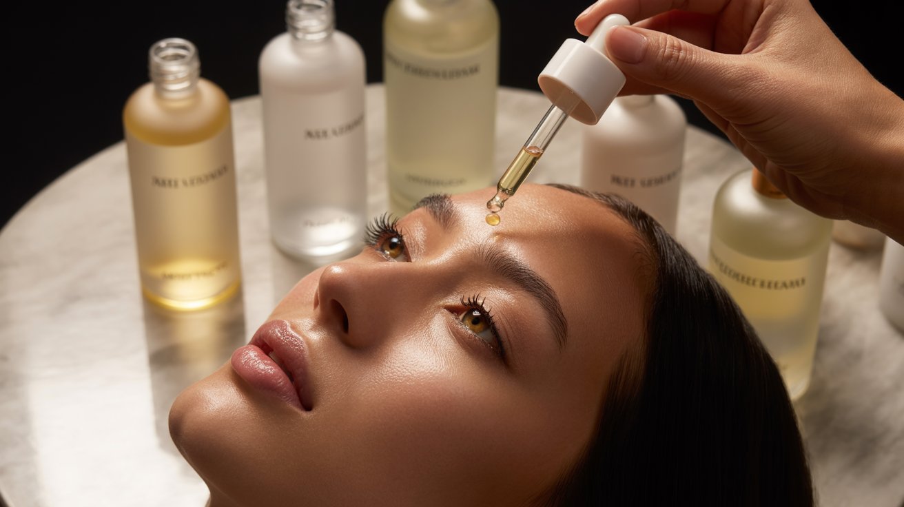 A serene woman receives face oil from a dropper above her forehead. Background shows blurred skincare bottles, creating a calm, spa-like atmosphere.
