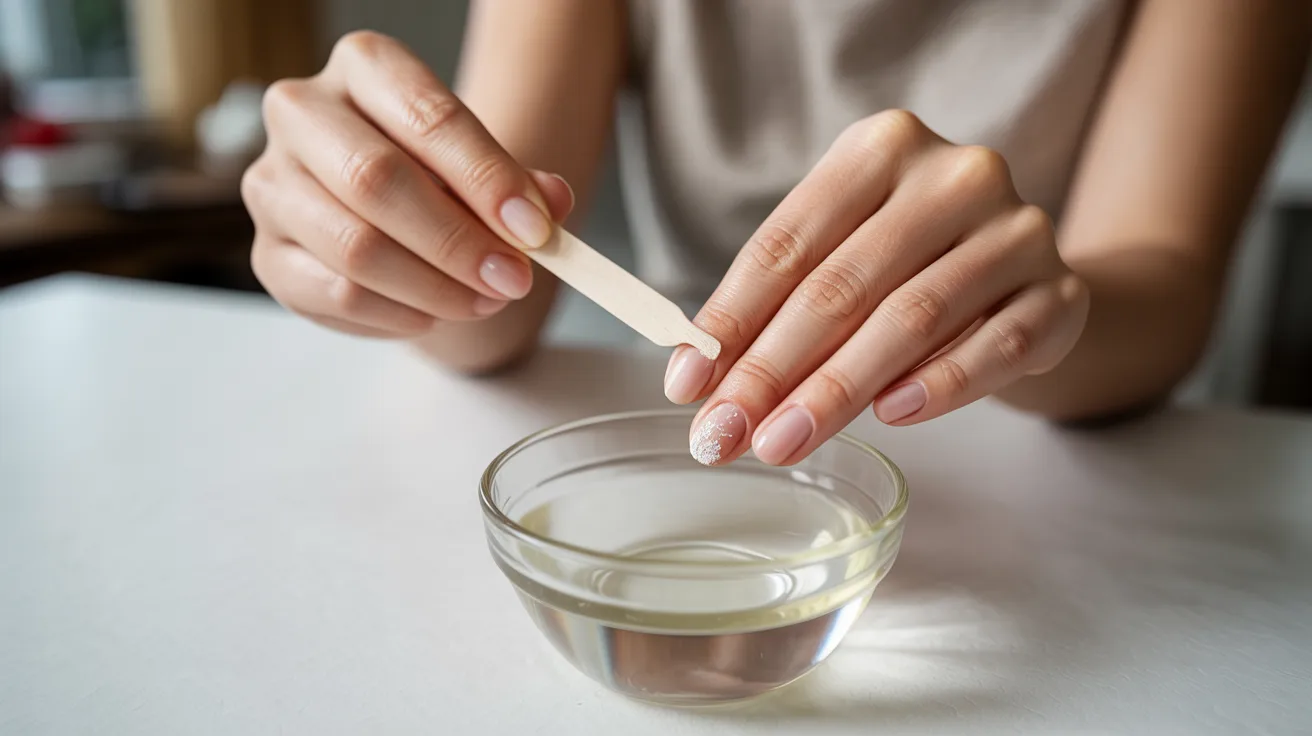 A person's hands using a wooden cuticle stick to push back cuticles over a small glass bowl of water. The setting is calm, suggesting self-care.