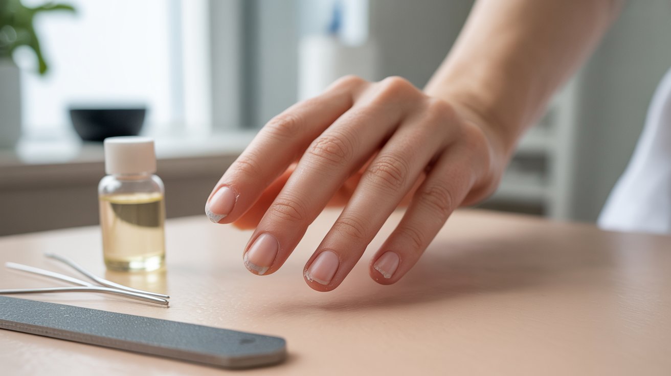 A hand with natural nails is placed on a table with a nail file, cuticle tool, and a small bottle of oil nearby. The scene conveys a calm, self-care moment.