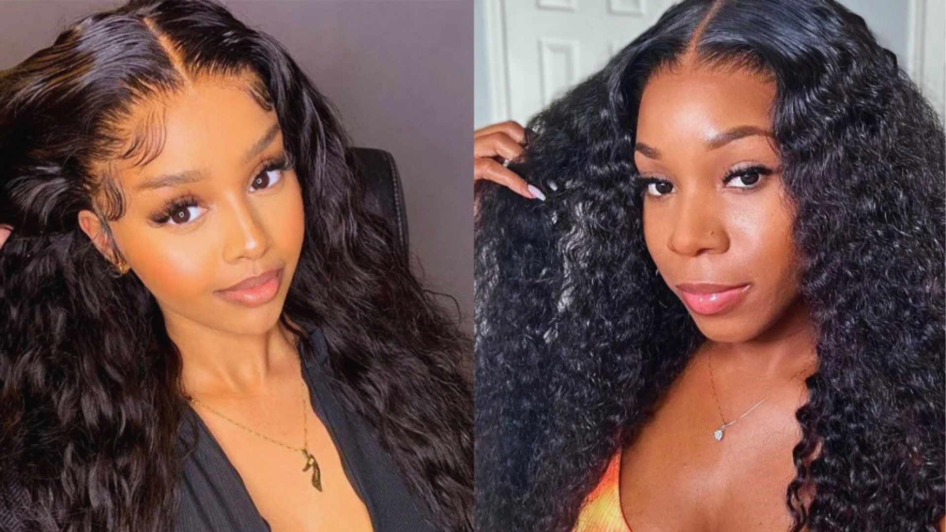 Two women with long, wavy black hair and middle parts are smiling. They wear necklaces and appear confident. One wears black, the other, orange.