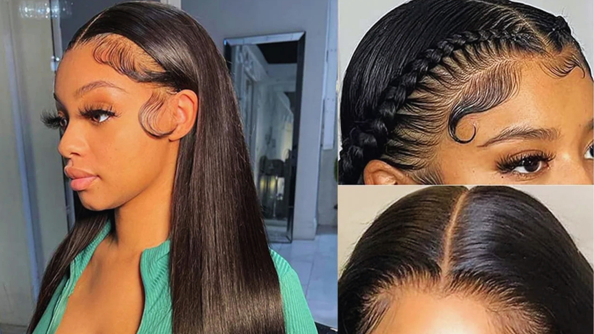 A woman with sleek, styled hair, featuring varied designs including neat baby hairs, braids, and a center part, conveying elegance and precision.