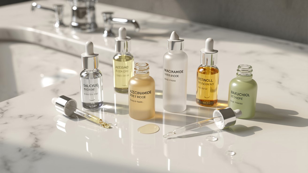 A collection of skincare serum bottles with droppers sit on a marble countertop, illuminated by soft natural light, conveying a calm and luxurious mood.