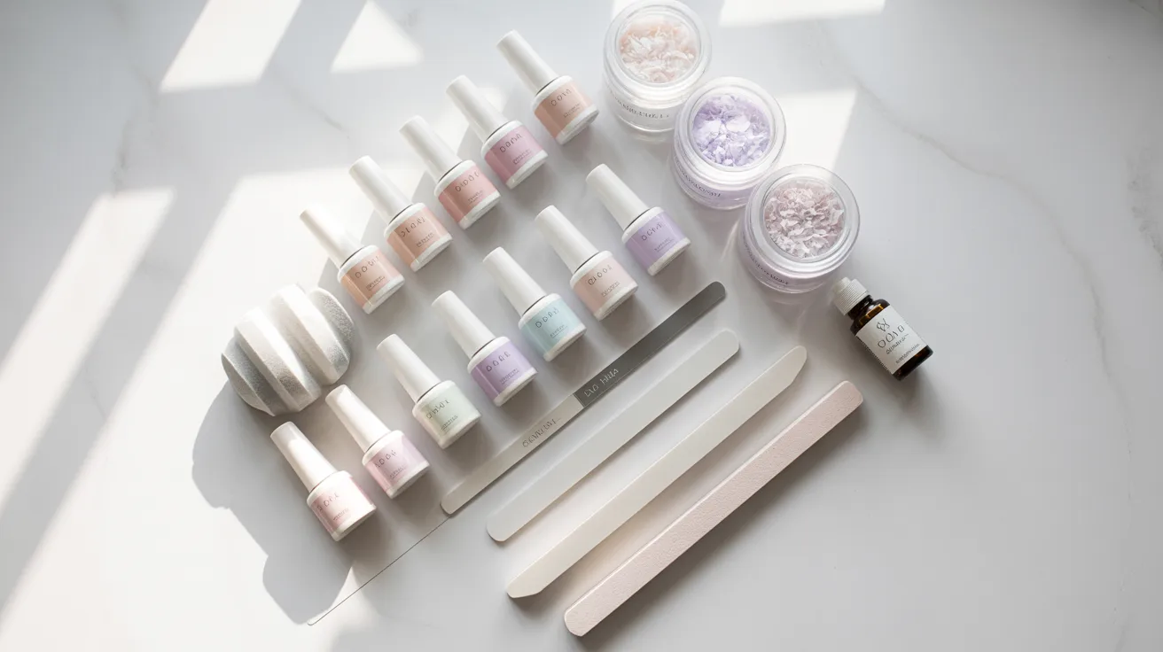A neatly arranged selection of pastel-colored nail polish bottles, nail files, and jars of shimmering powders on a light surface, conveying a serene, elegant tone.