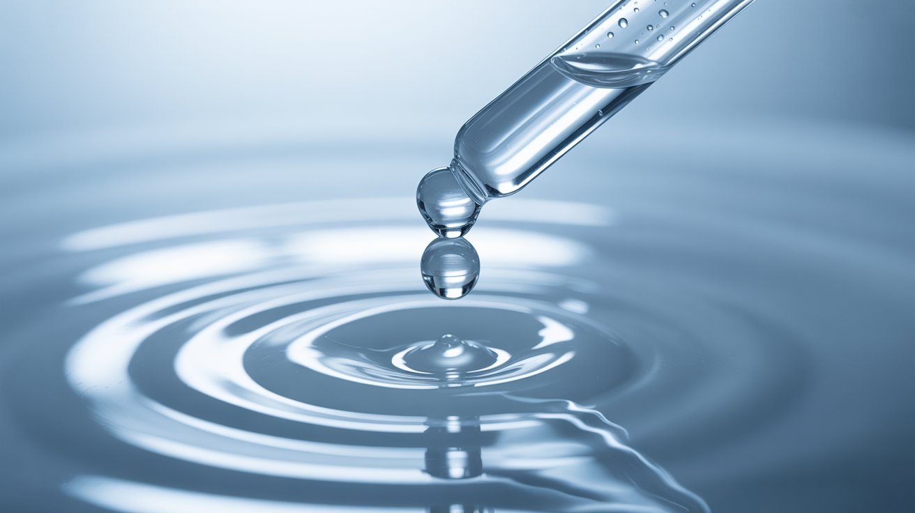 A dropper releasing a droplet into clear, calm water, creating gentle ripples. The scene conveys tranquility with a soft blue tone and reflection.