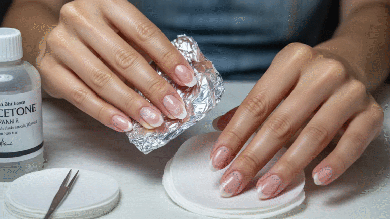 Person removing gel nail polish with acetone, foil, and cotton pads. Hands are poised and focused, conveying a calm, precise atmosphere.