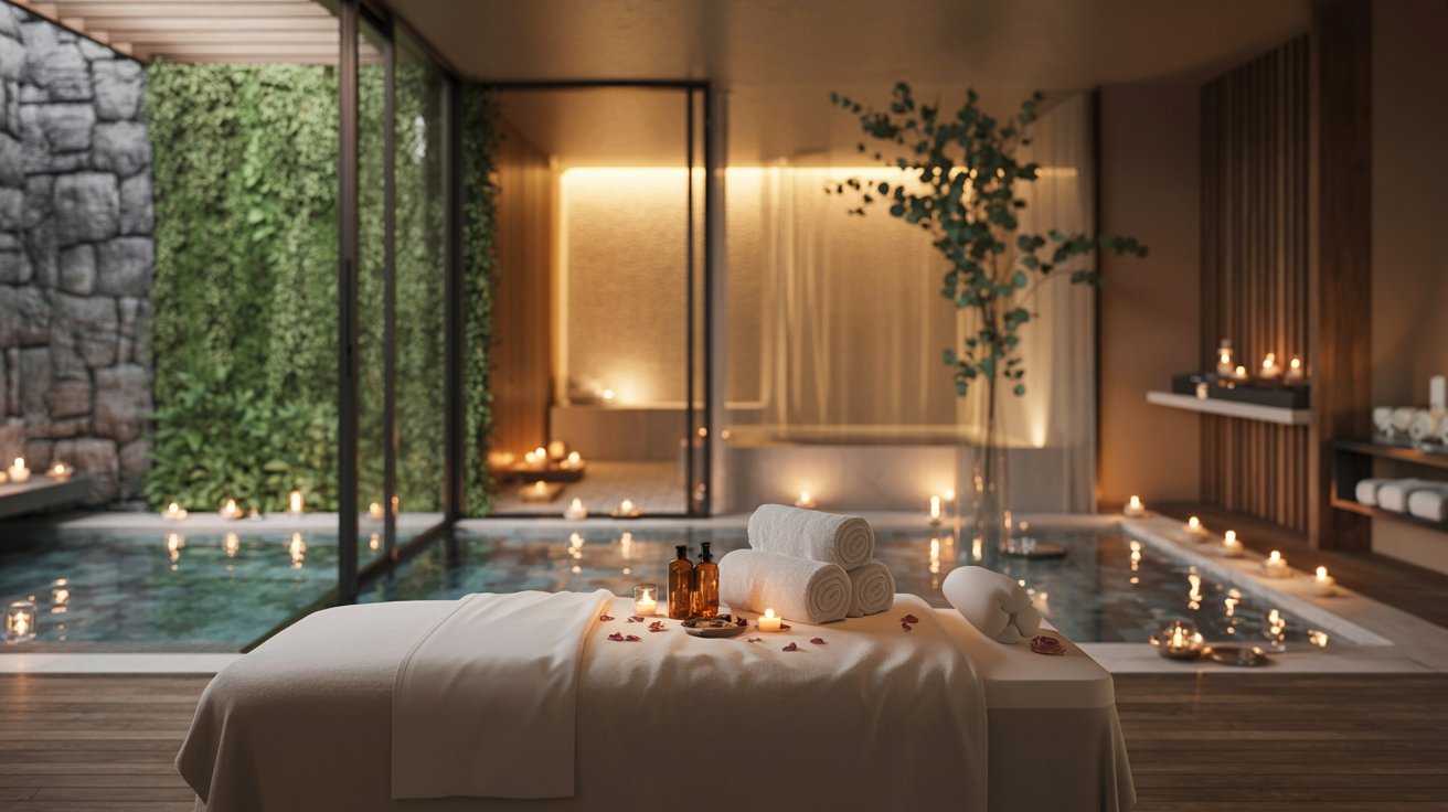 Luxurious spa room with a massage table, candles, and towels. A serene pool is surrounded by green walls, creating a peaceful, relaxing ambiance.