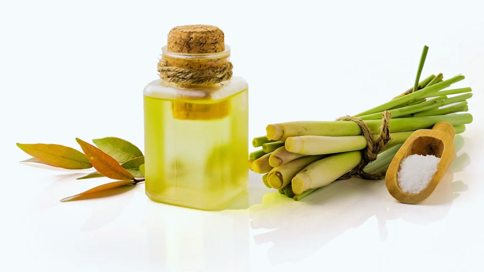 A small corked bottle of lemongrass oil, surrounded by fresh lemongrass stalks, a wooden scoop with salt, and a few green leaves on a light background.