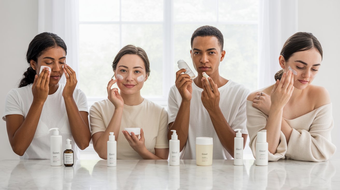 Four people in casual clothing apply skincare products to their faces, seated at a table with various bottles. The atmosphere is calm and focused.