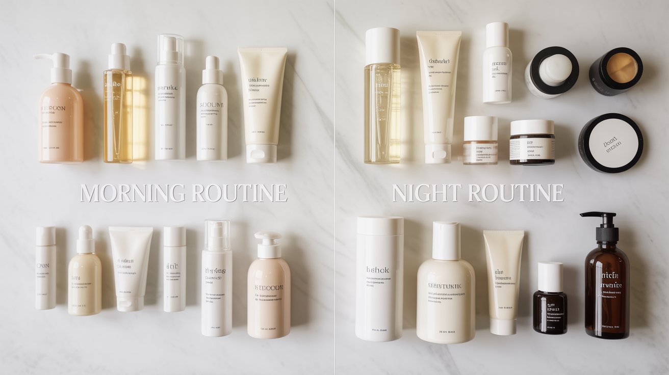 Alt text: "A comparison of skincare products for morning and night routines on a marble surface. The left side shows morning products, including cleansers and moisturizers. On the right, night products like serums and creams are displayed. The arrangement is orderly, conveying a sense of organization and care."