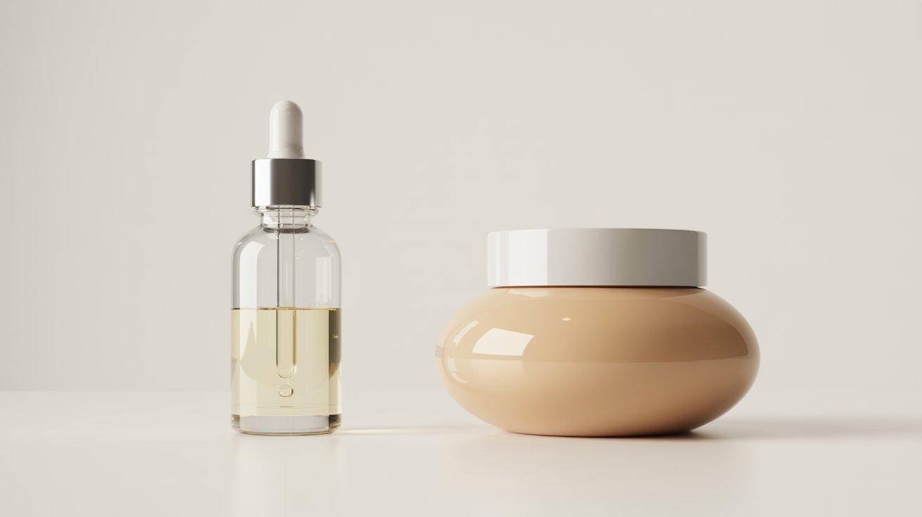 A glass dropper bottle with yellow liquid and a round beige jar with a white lid are on a plain surface. Minimalist and clean aesthetic.