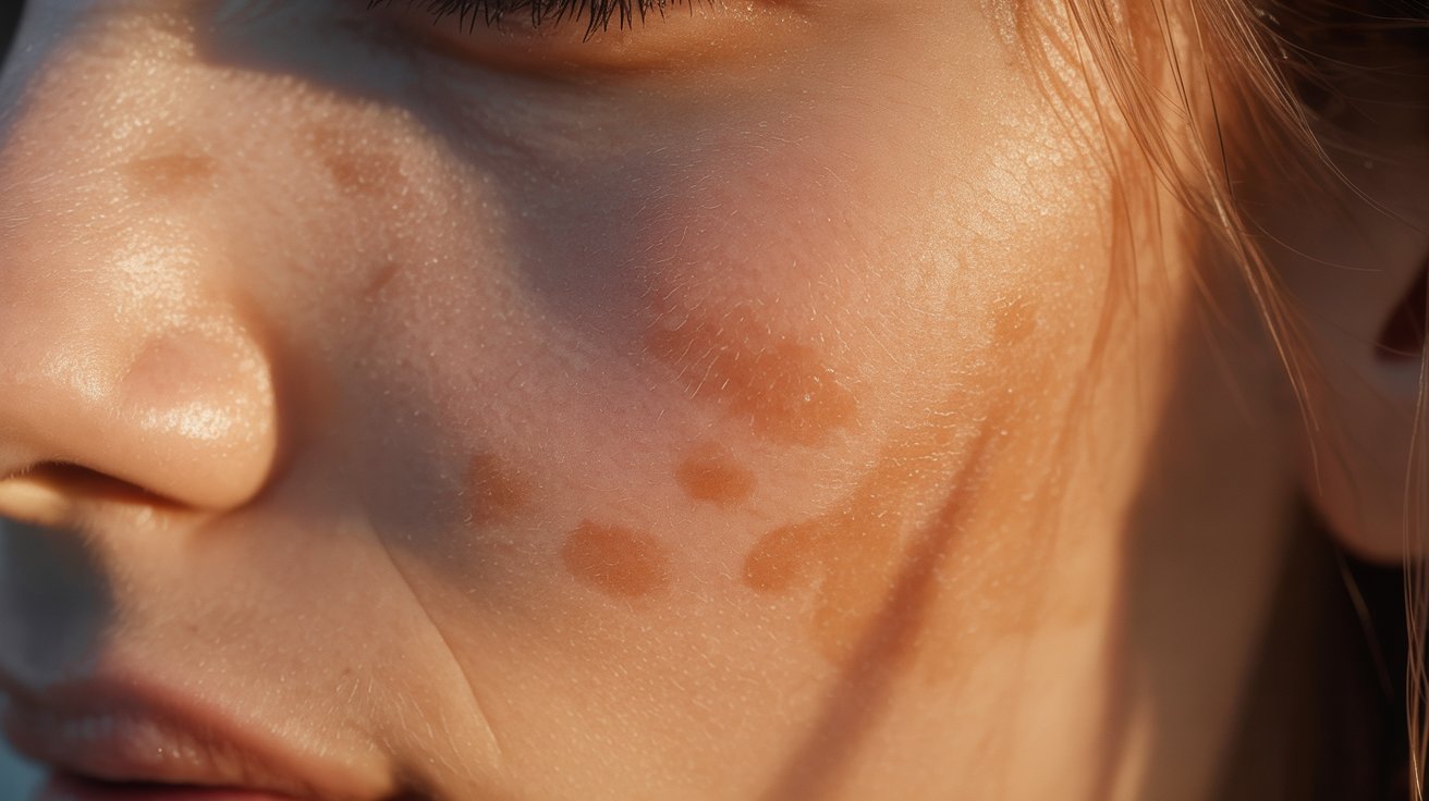 Close-up of a woman's face in sunlight, focusing on her cheek showing distinct light brown patches. The texture is smooth, conveying a calm, introspective mood.