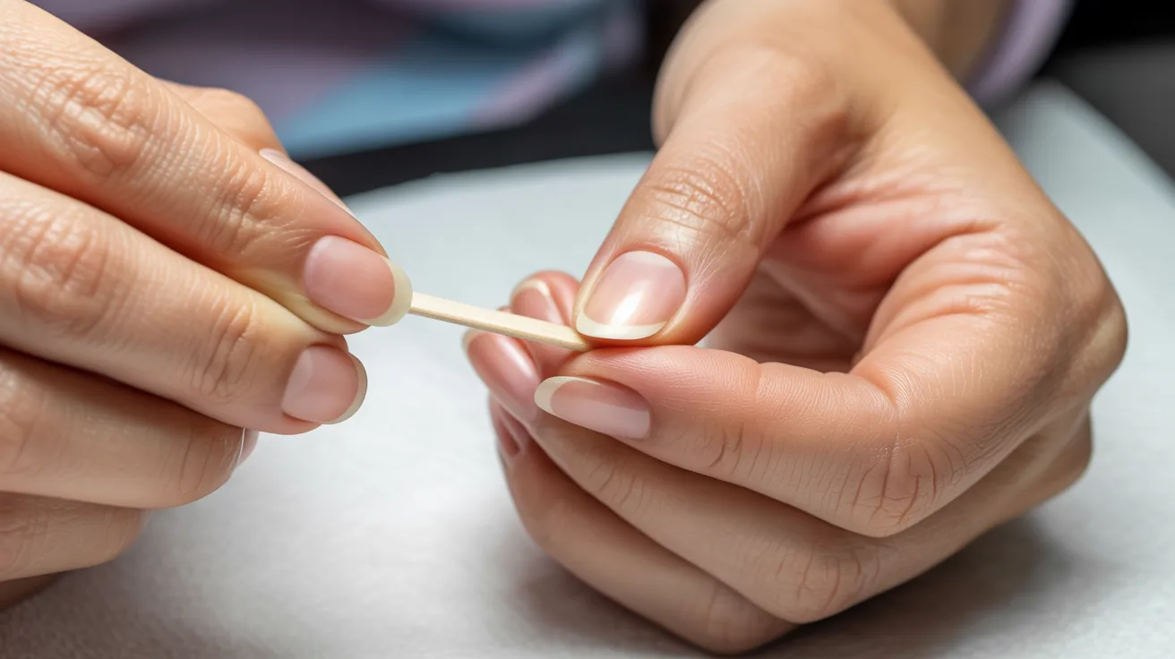 Close-up of hands using a wooden stick to gently push back cuticles on neatly manicured nails, conveying careful grooming and self-care.