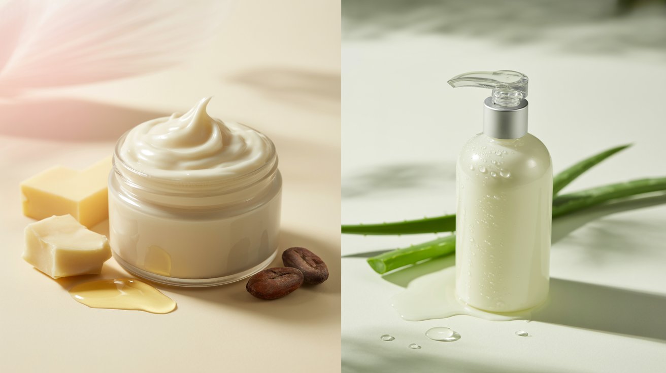 A jar of creamy moisturizer sits beside cocoa butter and seeds on the left. On the right, a pump bottle of lotion is next to aloe leaves, conveying a natural, soothing vibe.