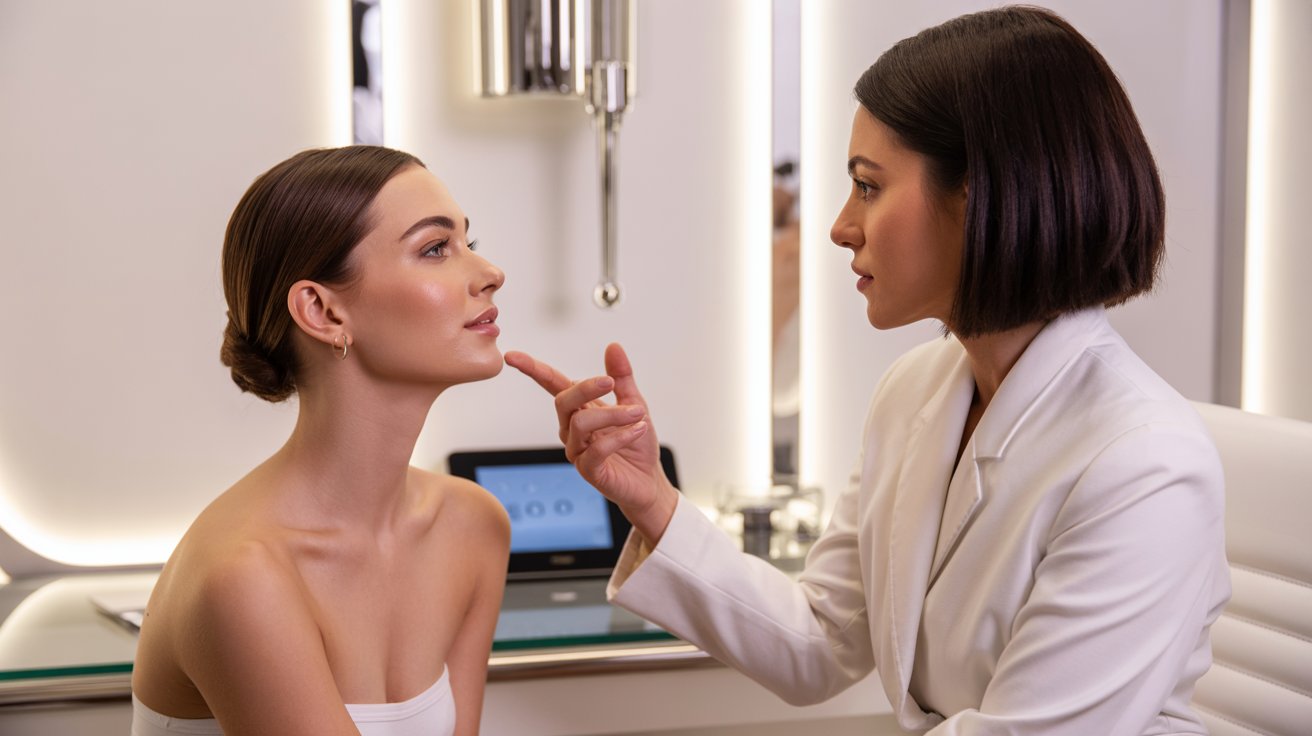 A woman in a white coat examines another woman's skin in a modern clinic. The setting is bright and clean, conveying professionalism and care.