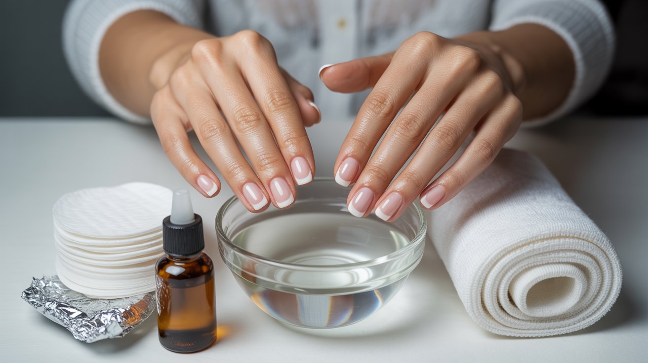 Hands with neatly manicured nails hover over a glass bowl of water on a table, surrounded by cotton pads, bottle, foil, and white towel, suggesting a calming nail care scene.