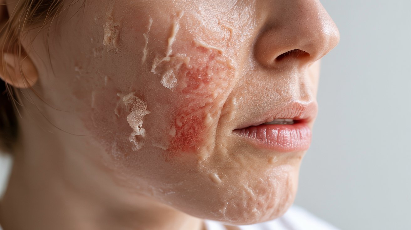 Close-up of a person's face showing red, inflamed skin with peeling on the cheek, indicating a skin condition. The tone is clinical and intimate.