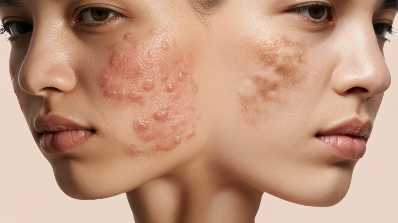 Two faces with contrasting skin conditions, showing severe acne on the left and clear yet scarred skin on the right, conveying a sense of transformation and healing.