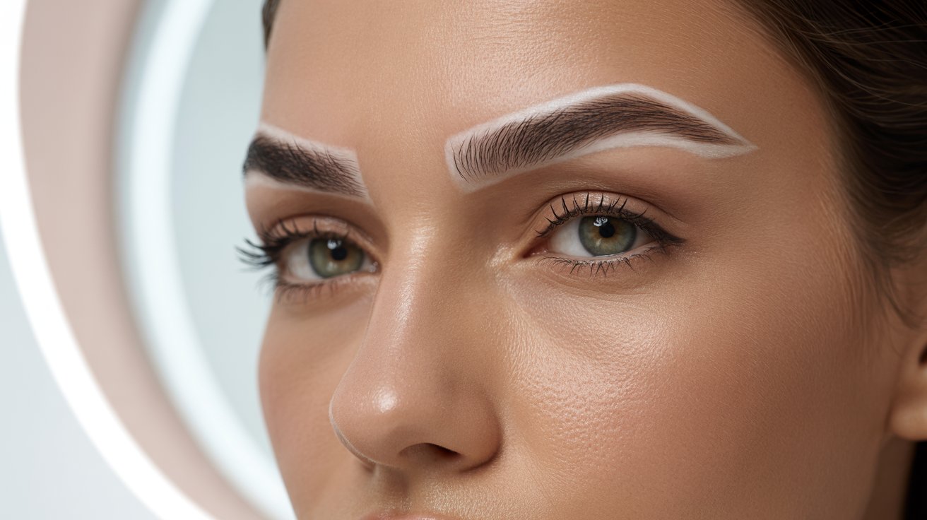 Close-up of a person's face highlighting well-defined eyebrows with white outlining, smooth complexion, and a neutral expression. Soft lighting enhances details.