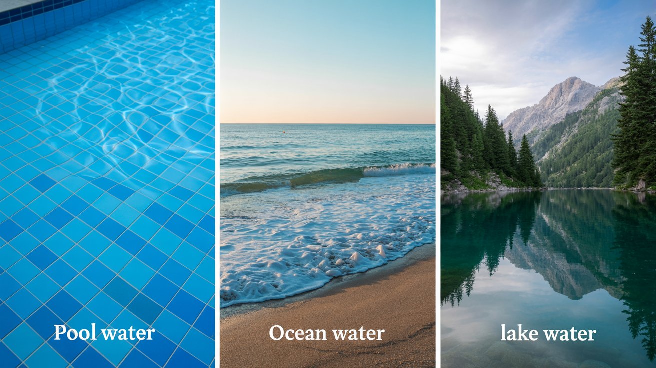 Triptych image comparing different types of water: clear blue pool water, calm ocean waves under a pink sunset, and a tranquil mountain lake reflection.