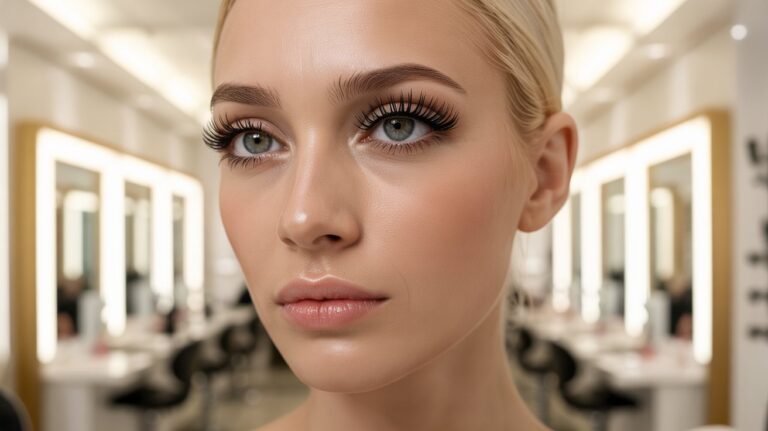 Young woman with flawless skin and bold makeup featuring long eyelashes in a brightly lit beauty salon, evoking elegance and confidence.