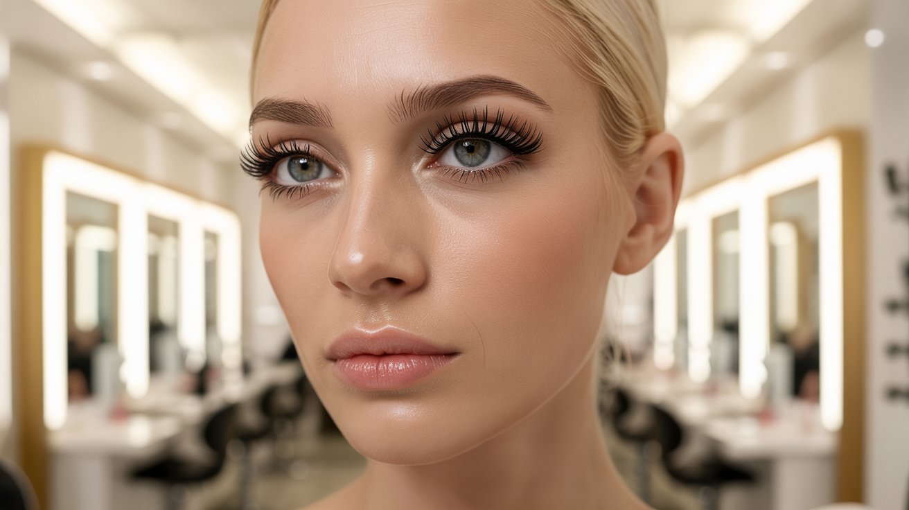 Young woman with flawless skin and bold makeup featuring long eyelashes in a brightly lit beauty salon, evoking elegance and confidence.